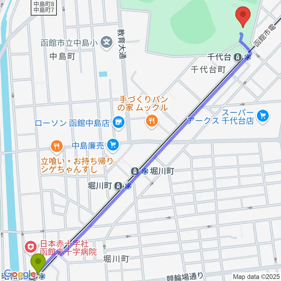 昭和橋駅から函館市青年センターへのルートマップ地図