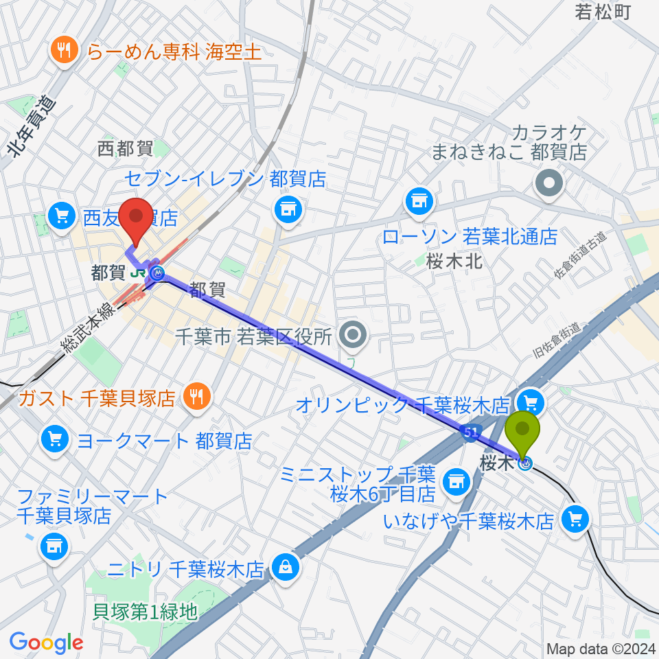 桜木駅からアイバ楽器 都賀センターへのルートマップ地図