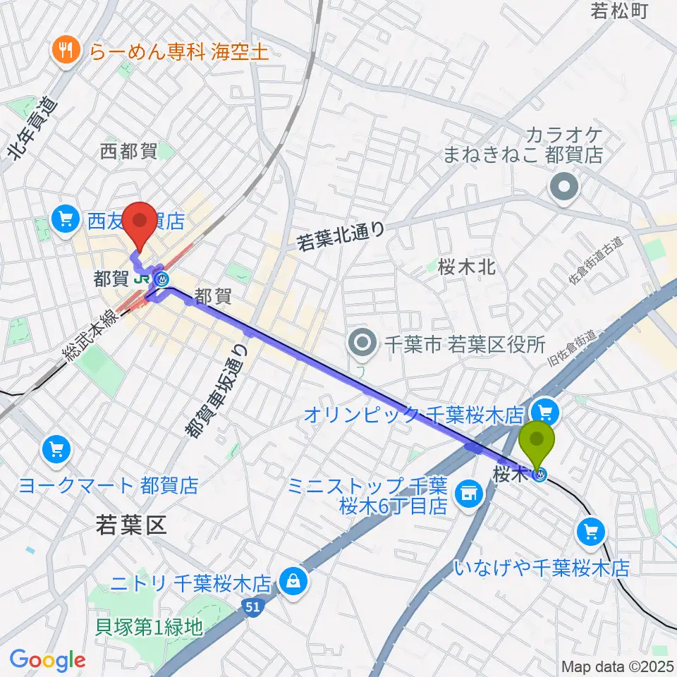 桜木駅からアイバ楽器 都賀センターへのルートマップ地図