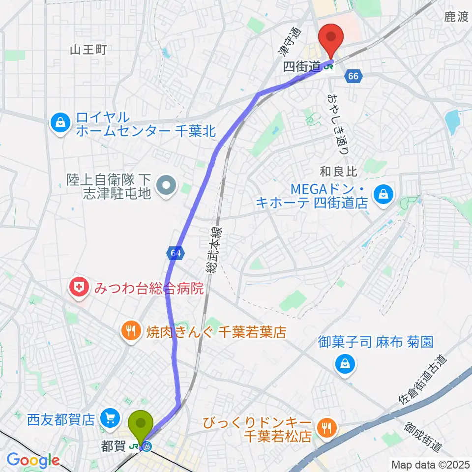 都賀駅からアイバ楽器 四街道駅前センターへのルートマップ地図