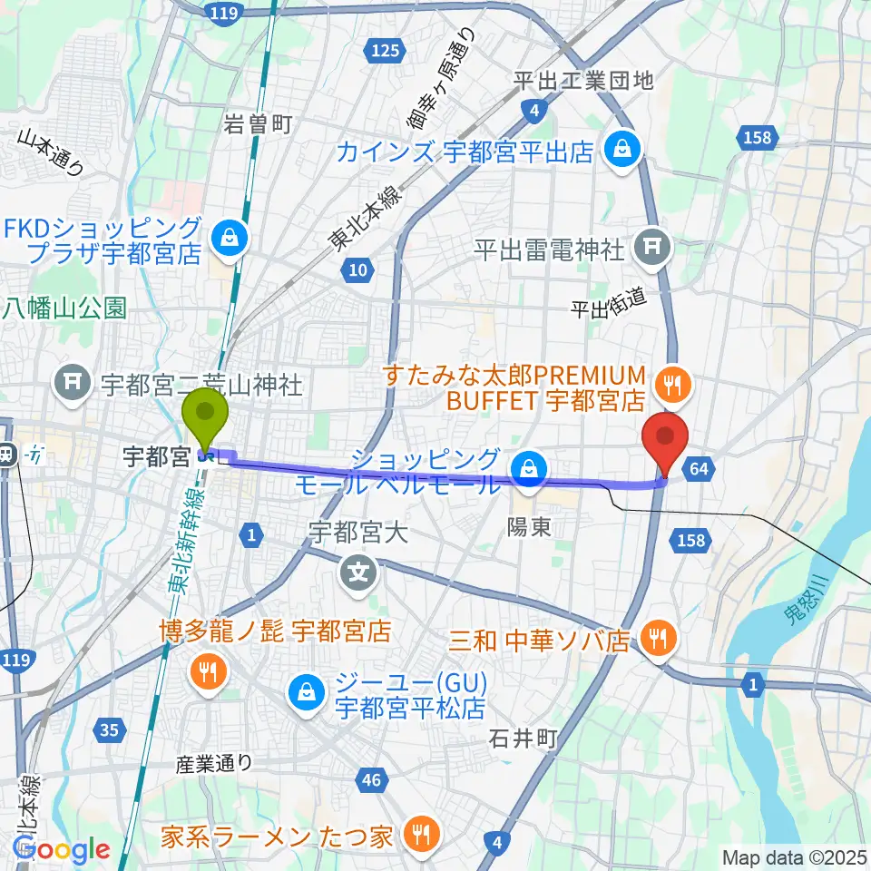 宇都宮駅からハードロックハウス・LIP'S SOUNDへのルートマップ地図