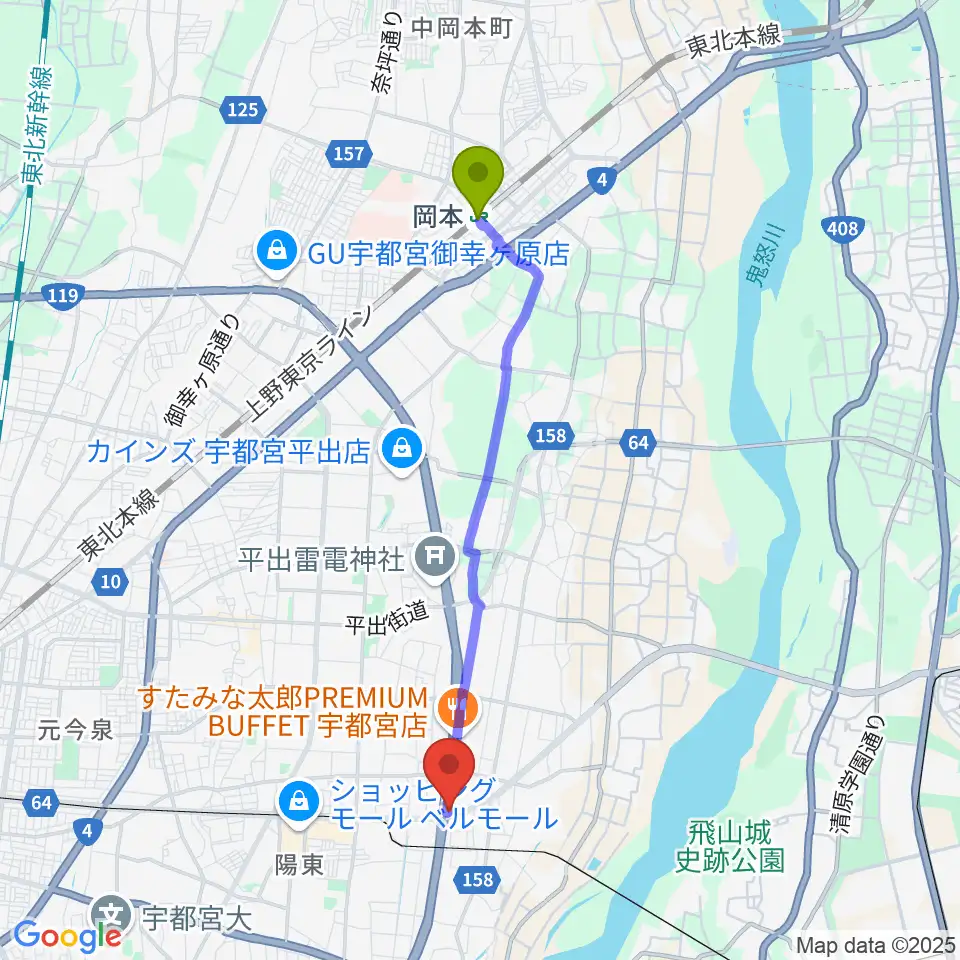 岡本駅からハードロックハウス・LIP'S SOUNDへのルートマップ地図