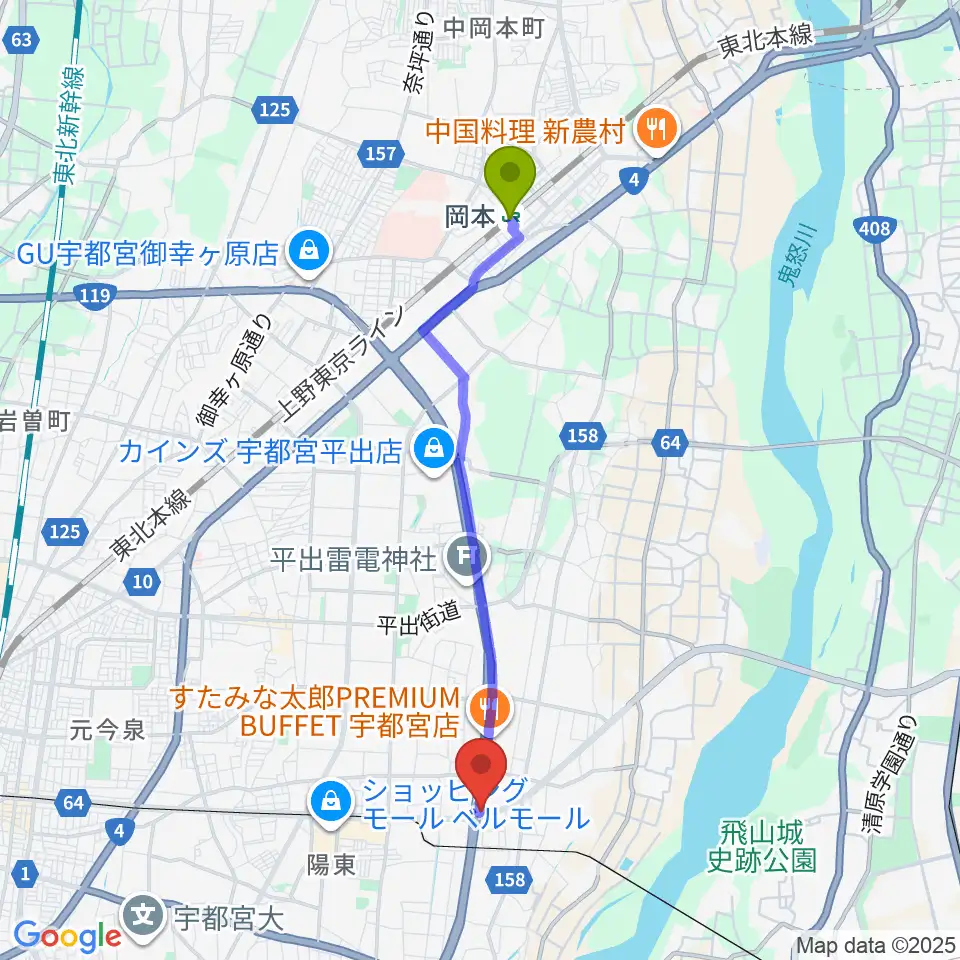 岡本駅からハードロックハウス・LIP'S SOUNDへのルートマップ地図