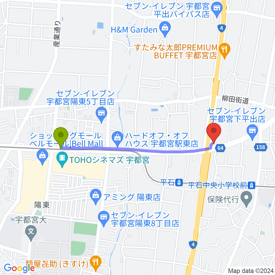 宇都宮大学陽東キャンパス駅からハードロックハウス・LIP'S SOUNDへのルートマップ地図
