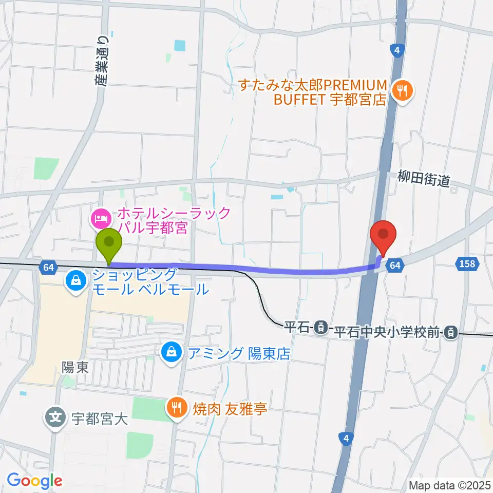 宇都宮大学陽東キャンパス駅からハードロックハウス・LIP'S SOUNDへのルートマップ地図