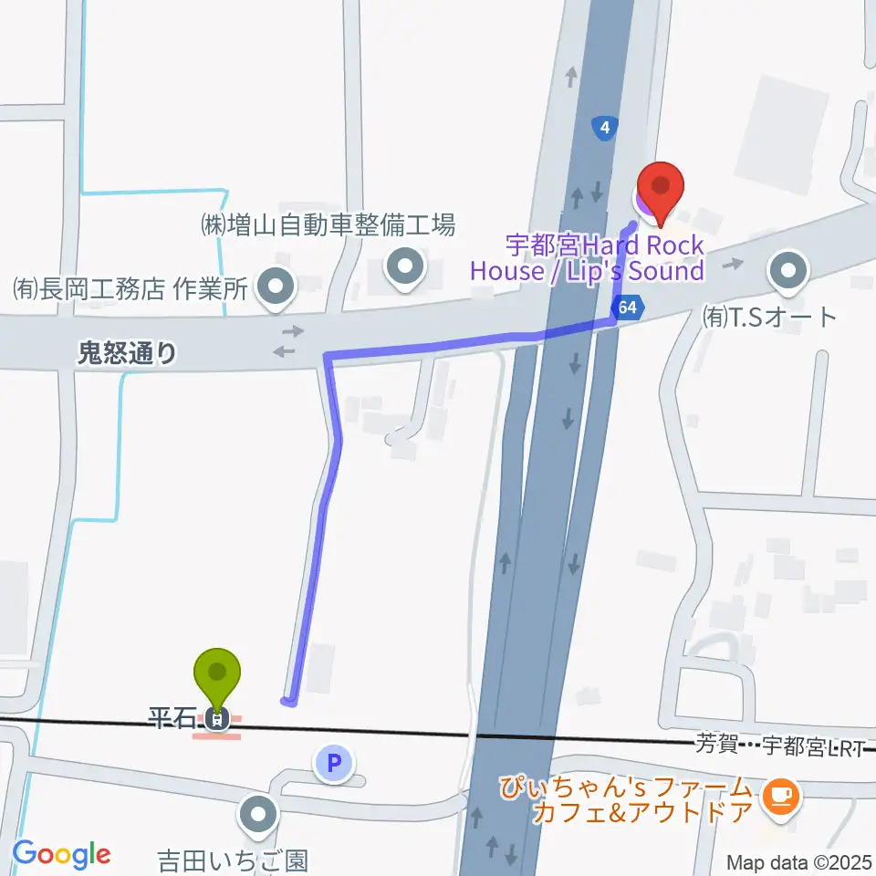 ハードロックハウス・LIP'S SOUNDの最寄駅平石駅からの徒歩ルート（約6分）地図