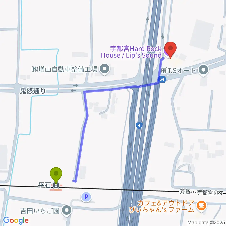 ハードロックハウス・LIP'S SOUNDの最寄駅平石駅からの徒歩ルート（約6分）地図
