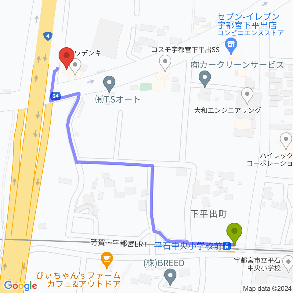平石中央小学校前駅からハードロックハウス・LIP'S SOUNDへのルートマップ地図