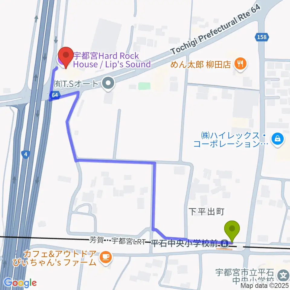 平石中央小学校前駅からハードロックハウス・LIP'S SOUNDへのルートマップ地図
