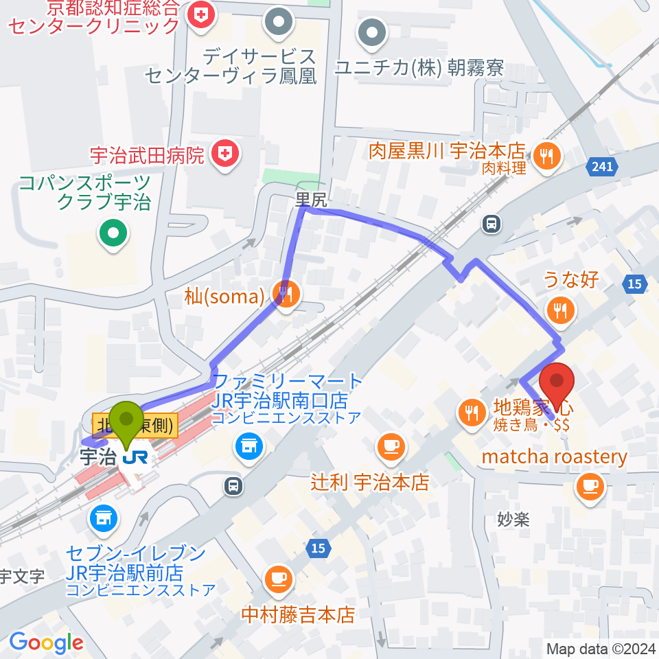 京都宇治coconiの最寄駅宇治駅からの徒歩ルート（約5分）地図