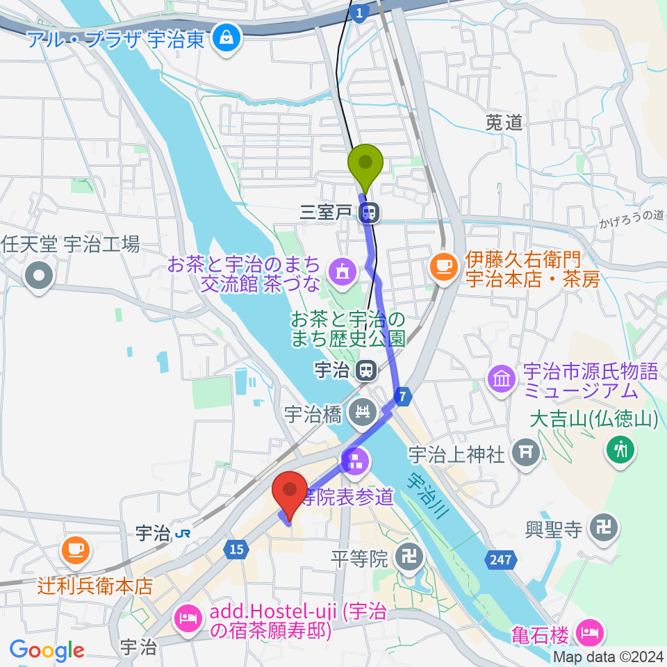 三室戸駅から京都宇治coconiへのルートマップ地図