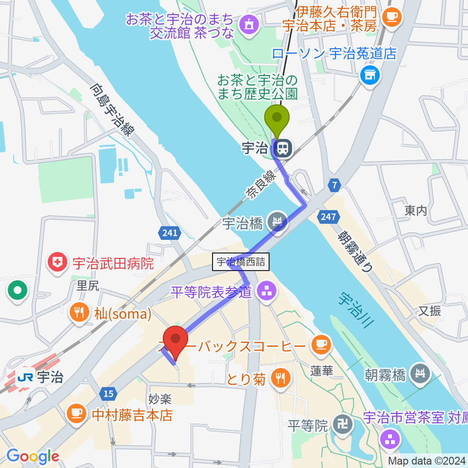 宇治駅から京都宇治coconiへのルートマップ地図