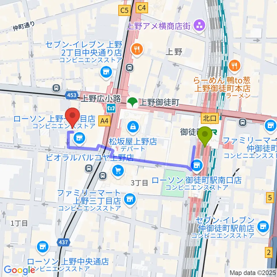 御徒町JAM SESSIONの最寄駅御徒町駅からの徒歩ルート（約4分）地図