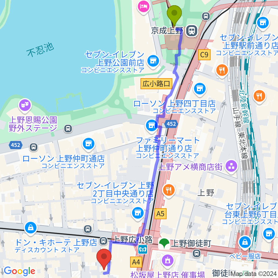 京成上野駅から御徒町JAM SESSIONへのルートマップ地図