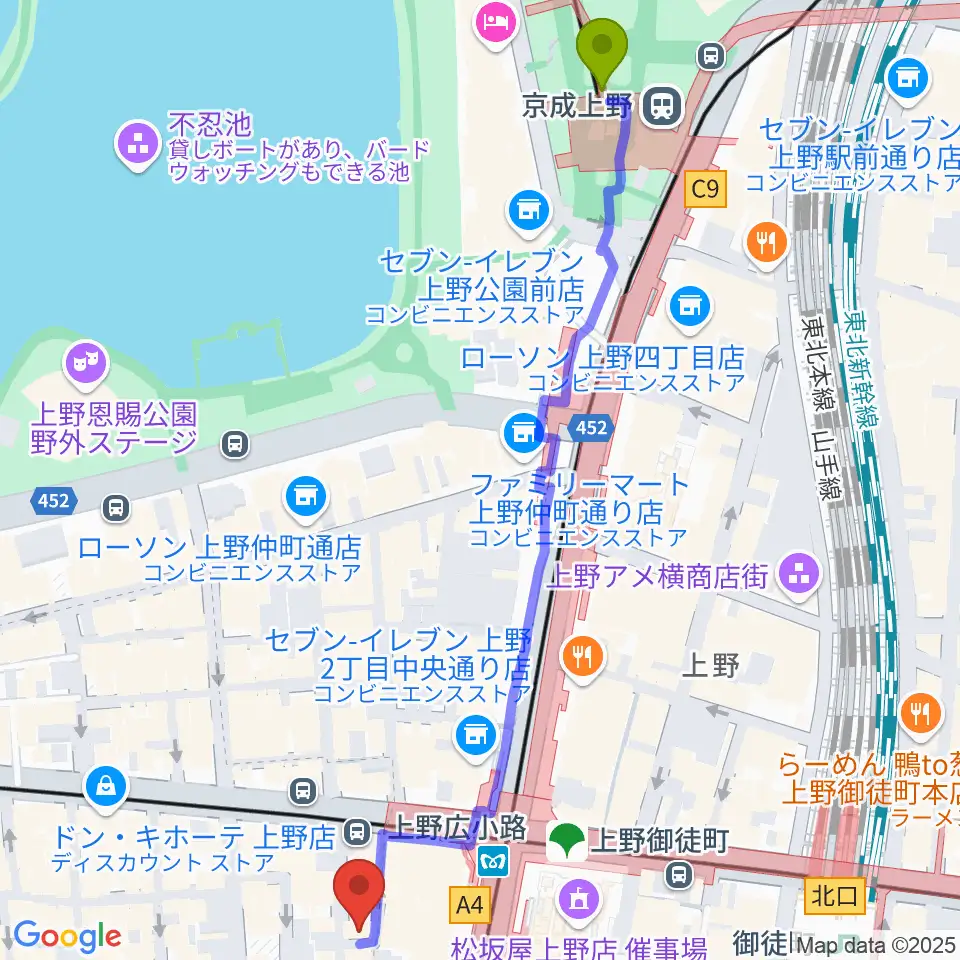 京成上野駅から御徒町JAM SESSIONへのルートマップ地図