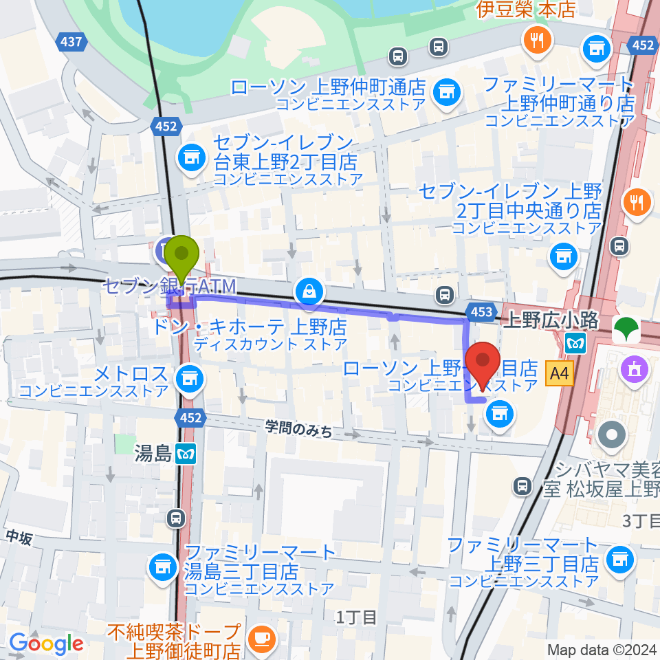 湯島駅から御徒町JAM SESSIONへのルートマップ地図