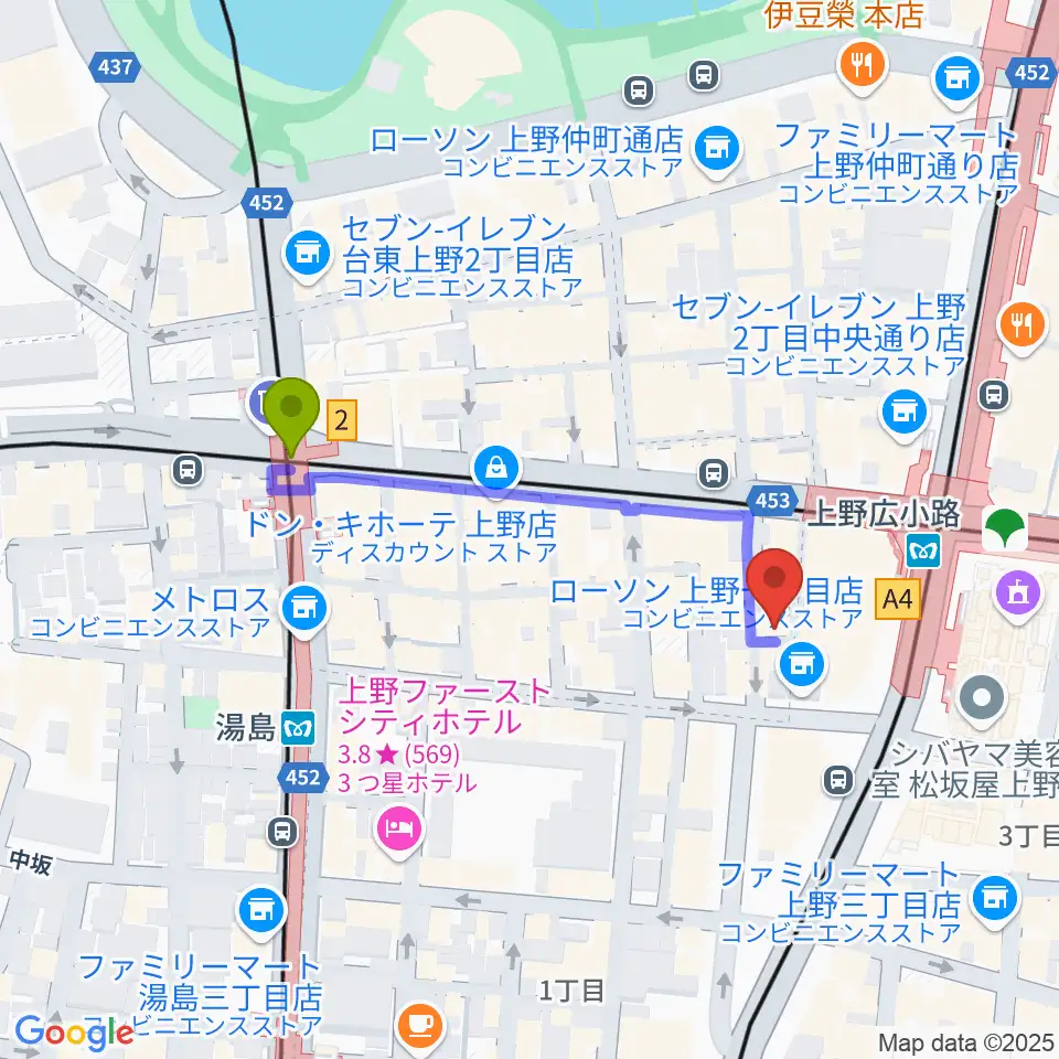 湯島駅から御徒町JAM SESSIONへのルートマップ地図