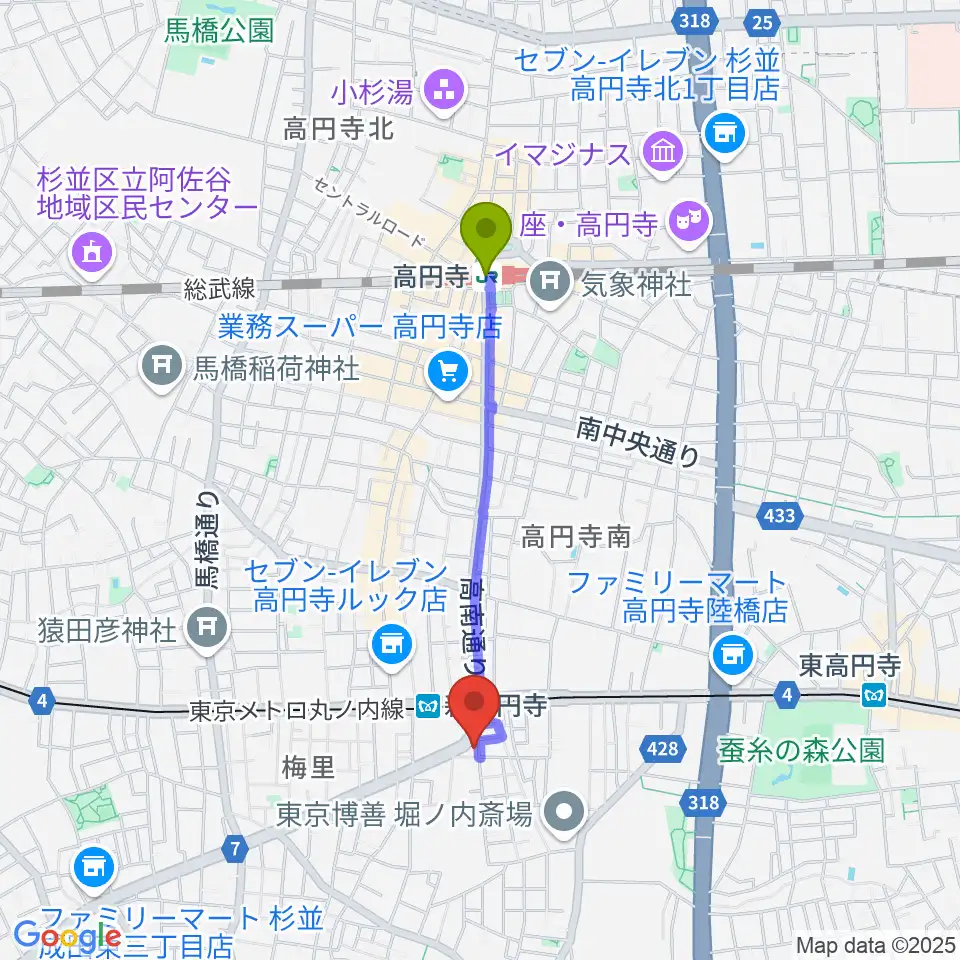 高円寺駅から新高円寺カナデミアへのルートマップ地図