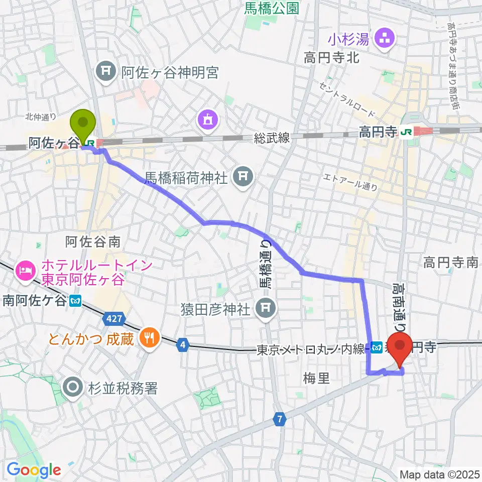 阿佐ケ谷駅から新高円寺カナデミアへのルートマップ地図