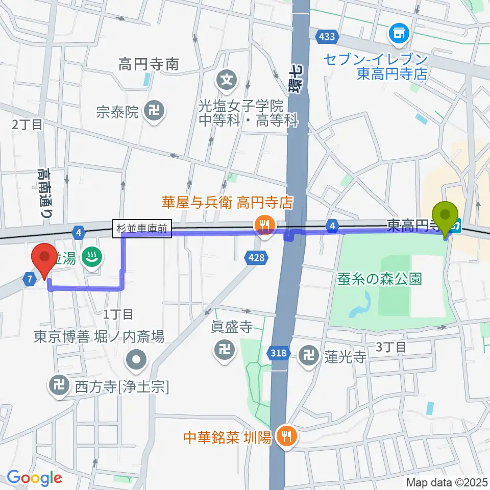 東高円寺駅から新高円寺カナデミアへのルートマップ地図
