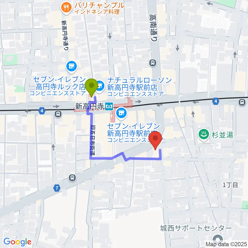 新高円寺カナデミアの最寄駅新高円寺駅からの徒歩ルート（約3分）地図