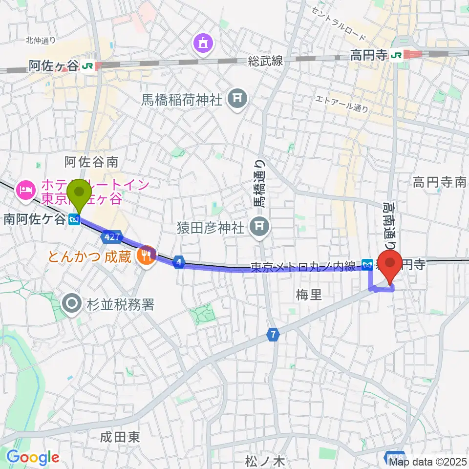 南阿佐ケ谷駅から新高円寺カナデミアへのルートマップ地図