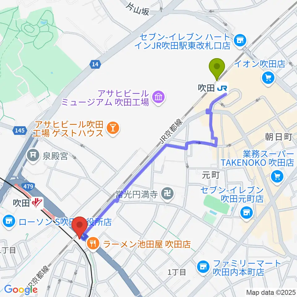 吹田駅からエコー音楽室へのルートマップ地図