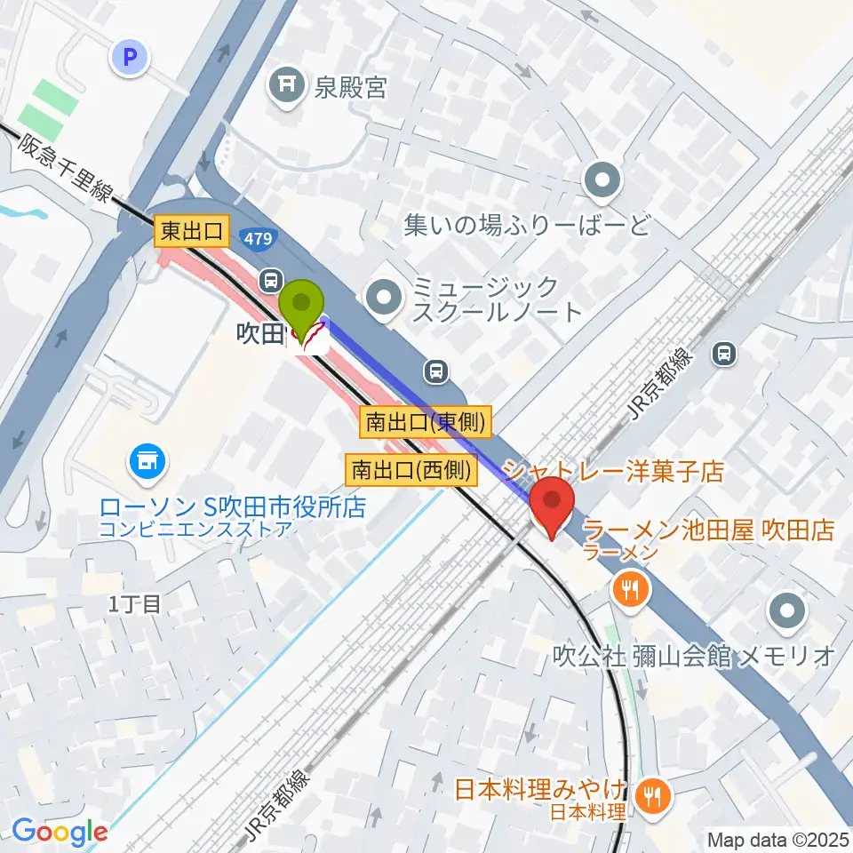 エコー音楽室の最寄駅吹田駅からの徒歩ルート（約3分）地図