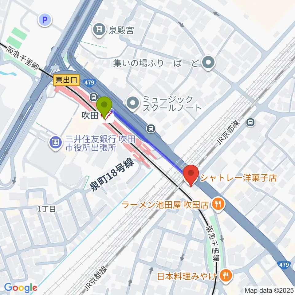 エコー音楽室の最寄駅吹田駅からの徒歩ルート（約3分）地図