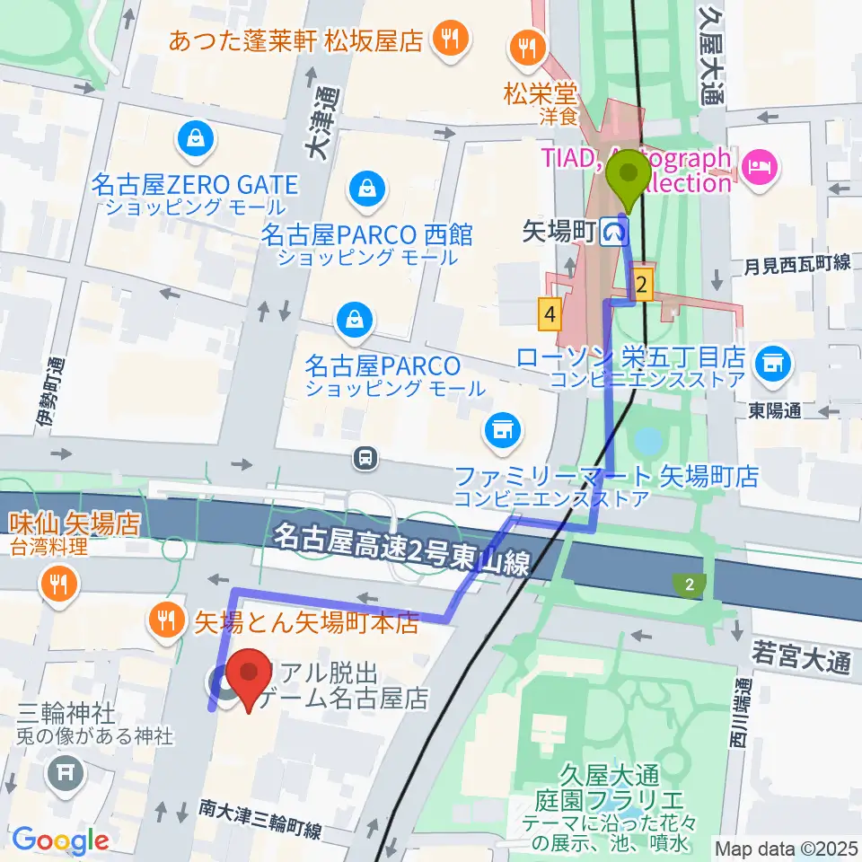 名古屋大須RAD HALLの最寄駅矢場町駅からの徒歩ルート（約6分）地図
