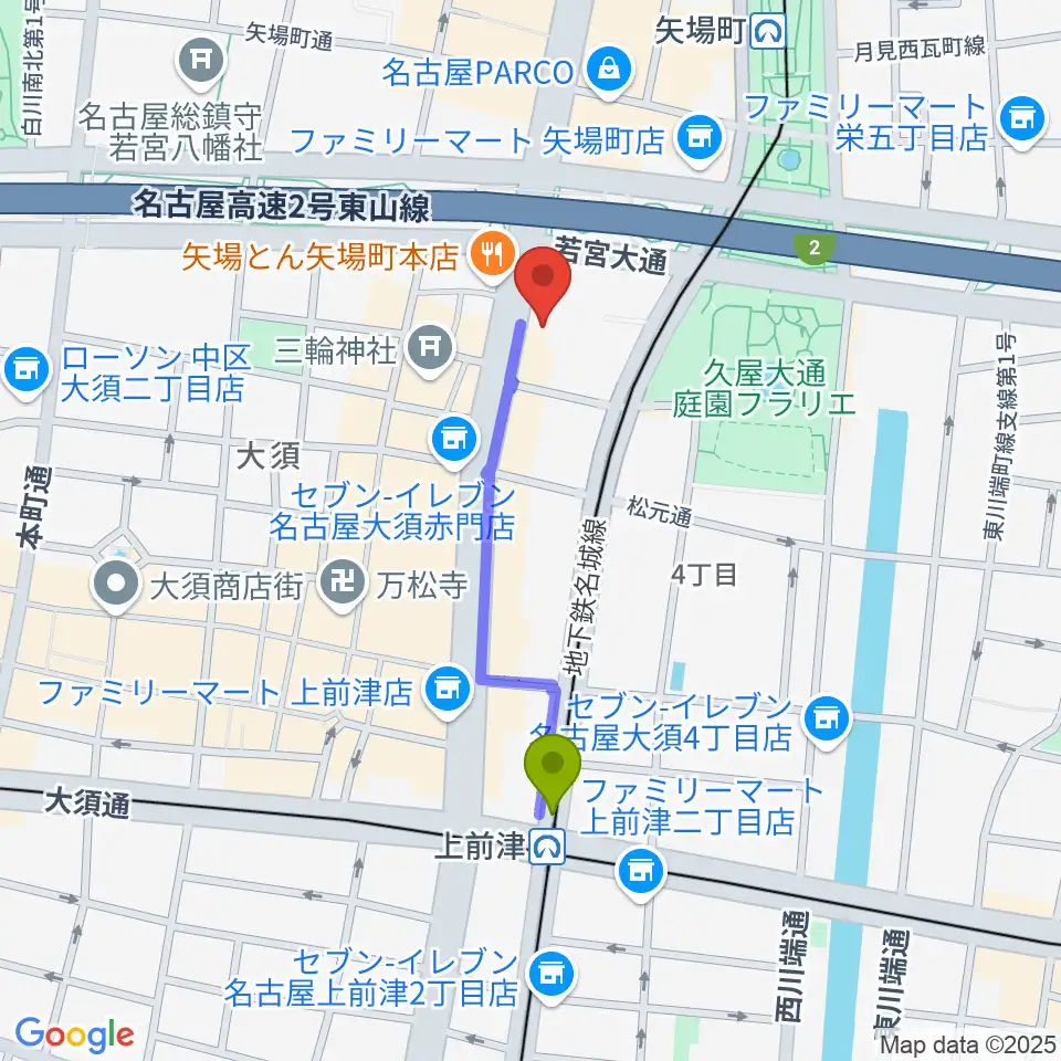 上前津駅から名古屋大須RAD HALLへのルートマップ地図