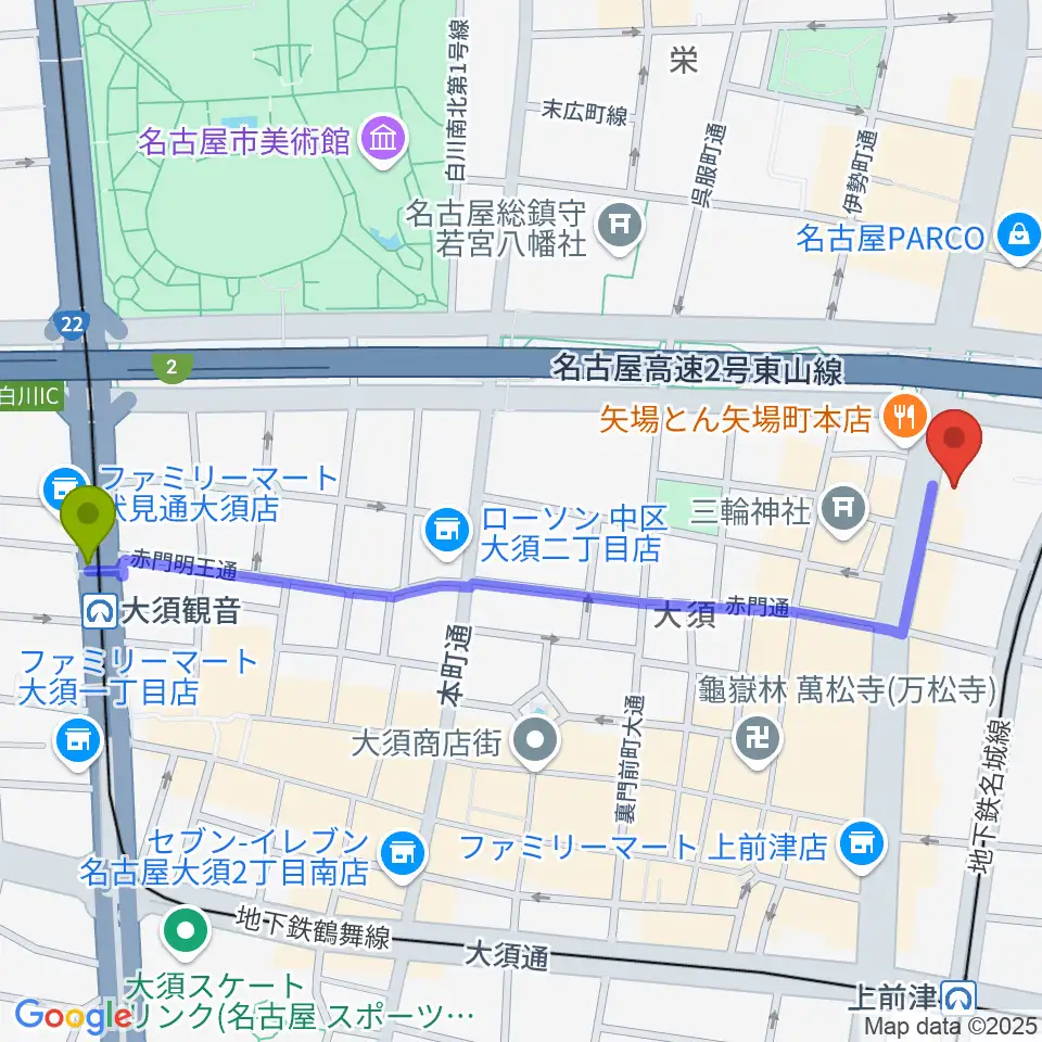 大須観音駅から名古屋大須RAD HALLへのルートマップ地図