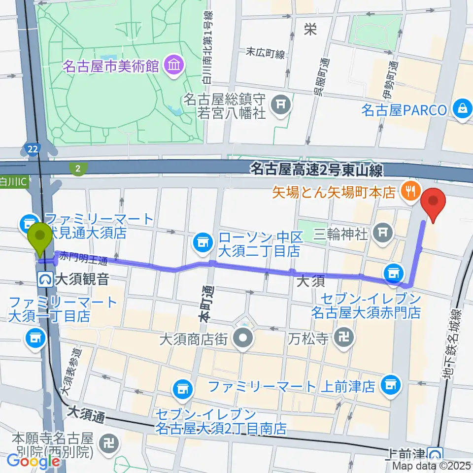 大須観音駅から名古屋大須RAD HALLへのルートマップ地図