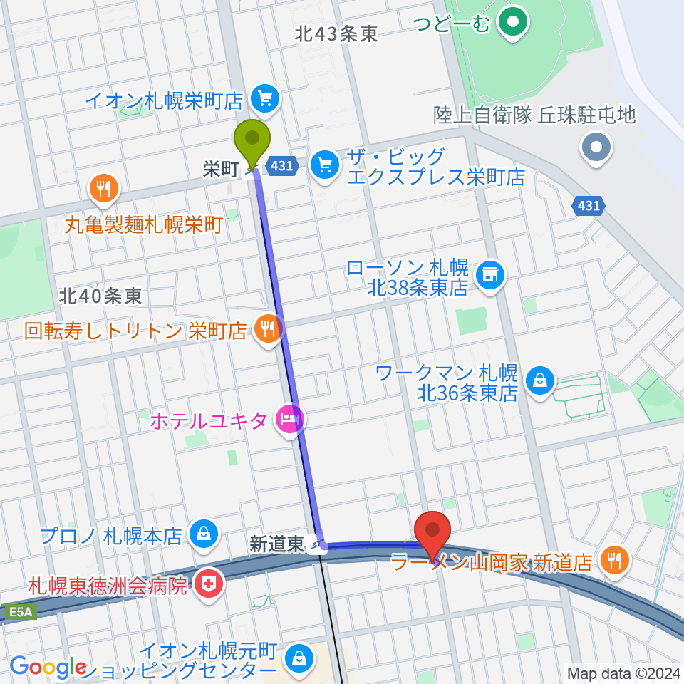 栄町駅から札幌SOLIDへのルートマップ地図