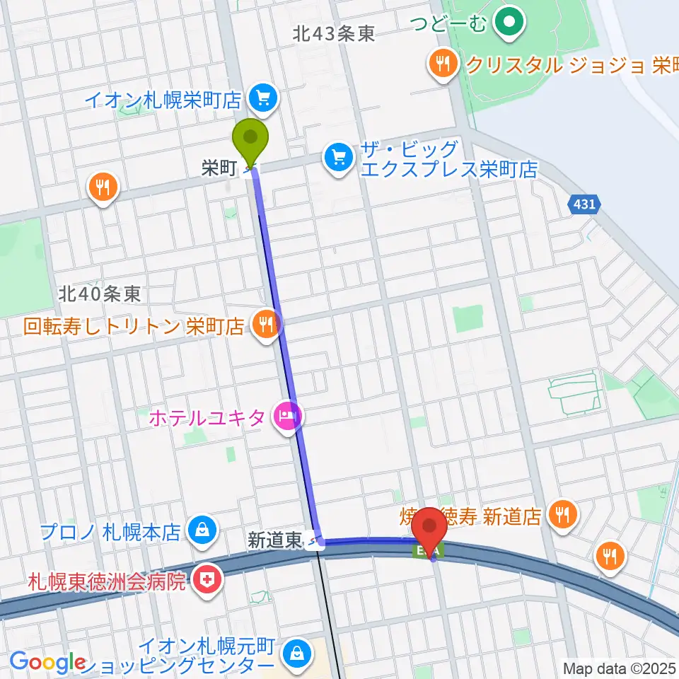 栄町駅から札幌SOLIDへのルートマップ地図