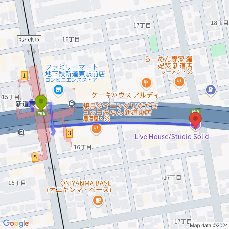 札幌SOLIDの最寄駅新道東駅からの徒歩ルート（約5分）地図