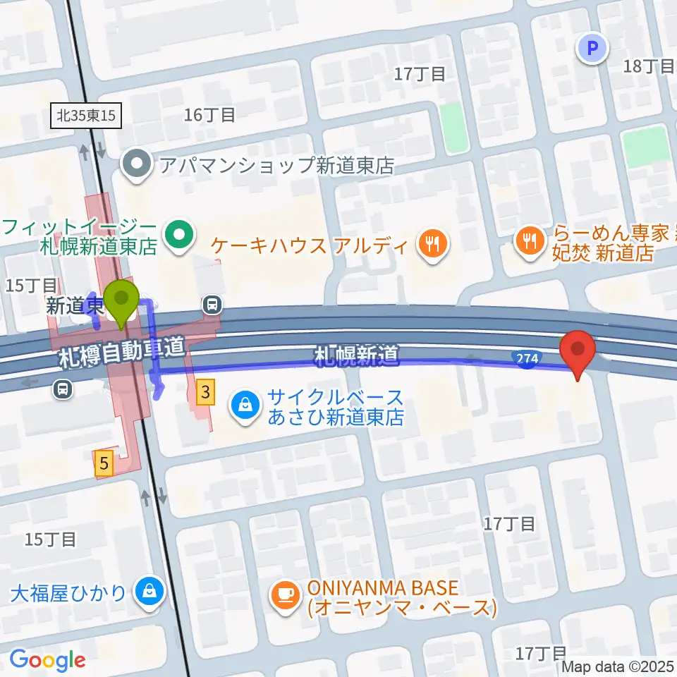 札幌SOLIDの最寄駅新道東駅からの徒歩ルート（約5分）地図