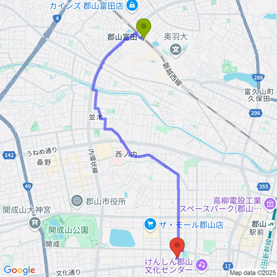 郡山富田駅からNHK文化センター 郡山教室へのルートマップ地図