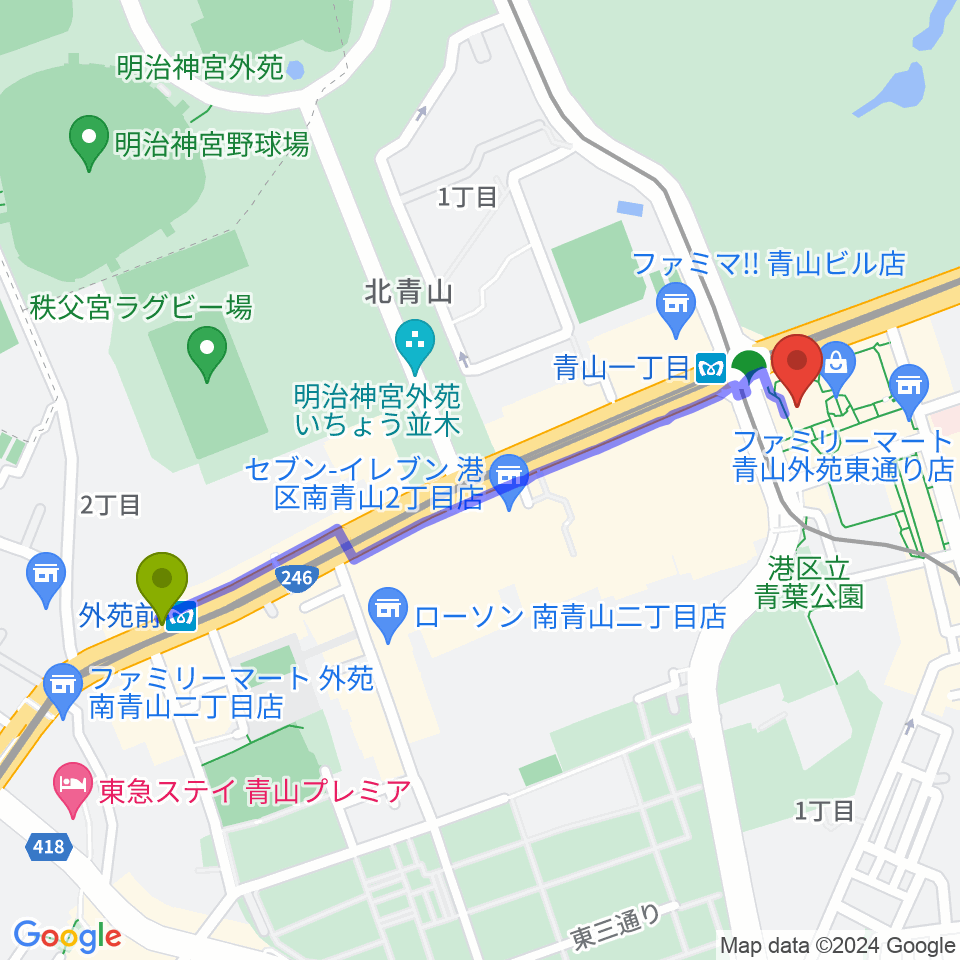 外苑前駅からNHK文化センター 青山教室へのルートマップ地図