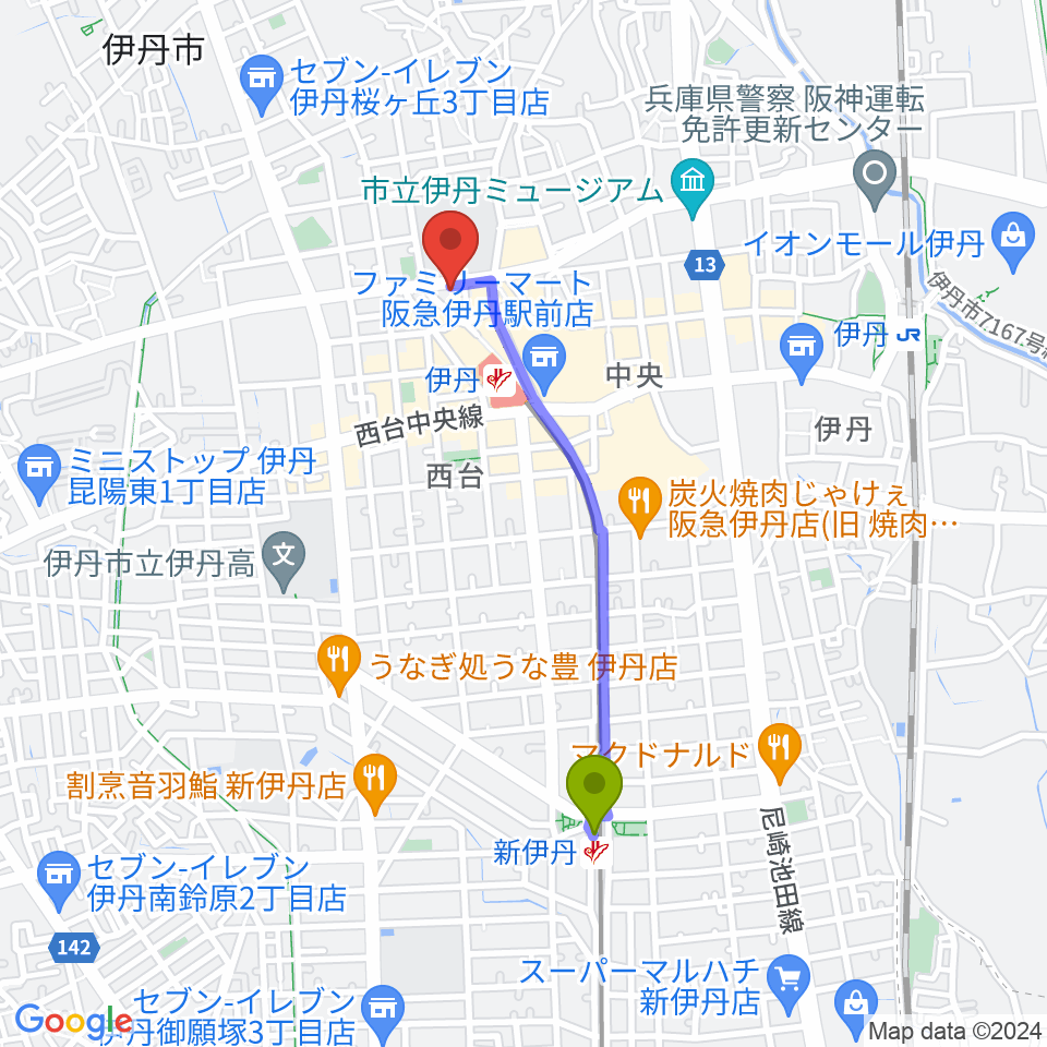 新伊丹駅から伊丹ALWAYSへのルートマップ地図