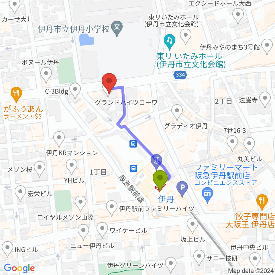 伊丹ALWAYSの最寄駅伊丹駅からの徒歩ルート（約3分）地図