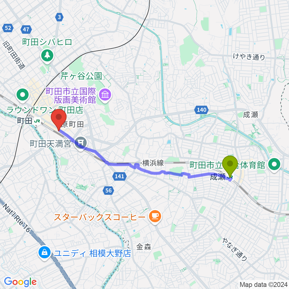 成瀬駅からNHK文化センター町田教室へのルートマップ地図