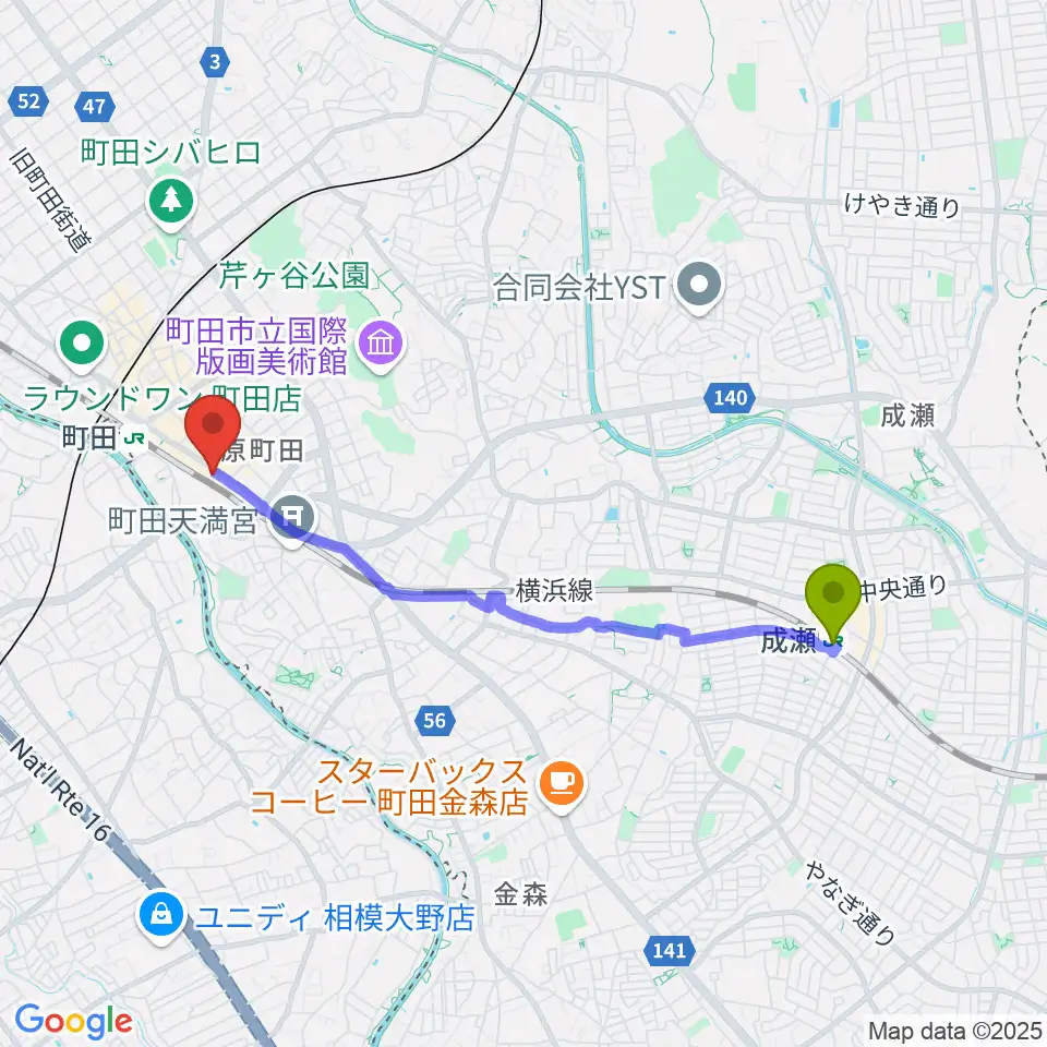 成瀬駅からNHK文化センター町田教室へのルートマップ地図