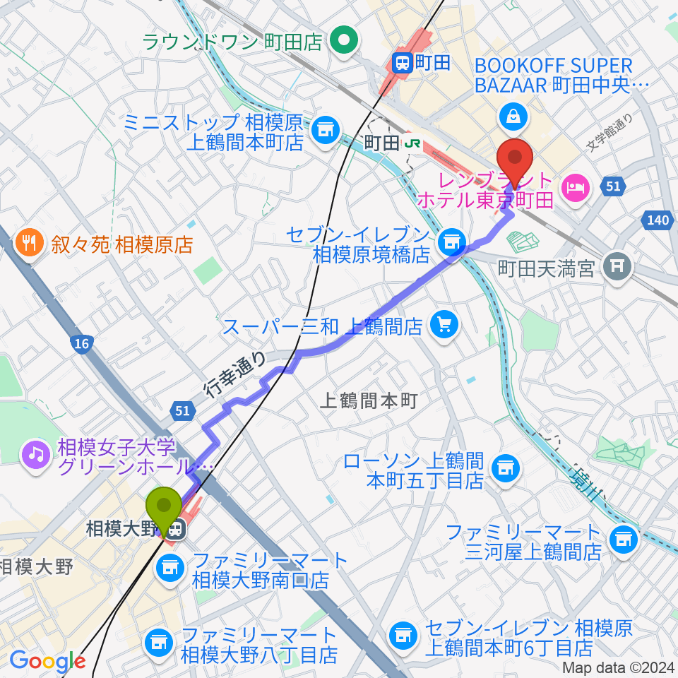 相模大野駅からNHK文化センター町田教室へのルートマップ地図