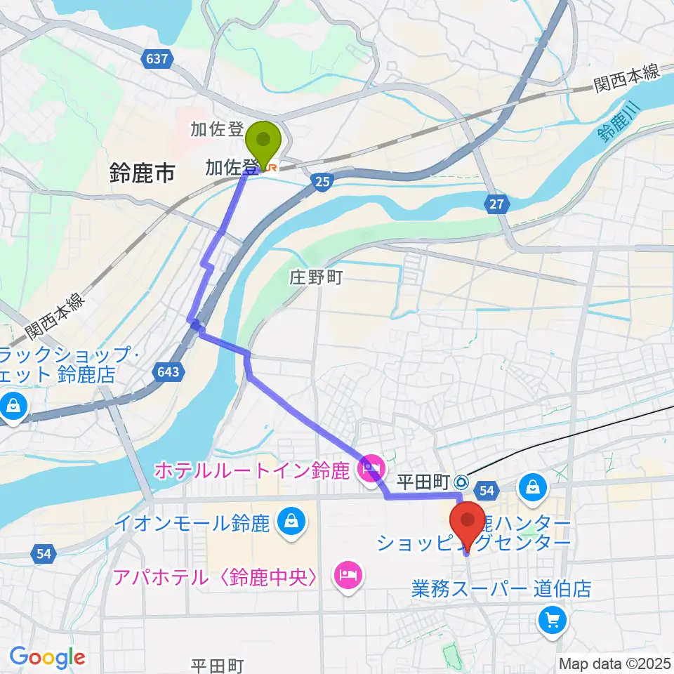 加佐登駅から鈴鹿ANSWERへのルートマップ地図