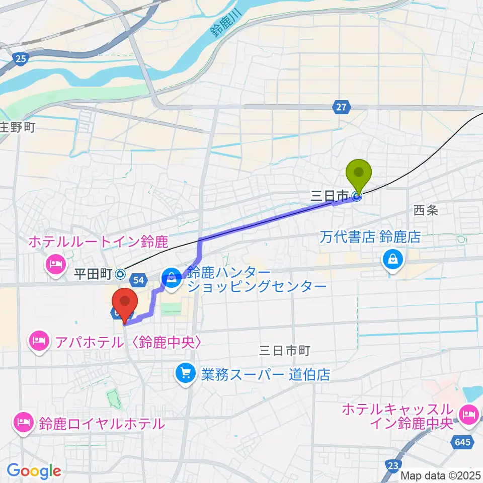 三日市駅から鈴鹿ANSWERへのルートマップ地図