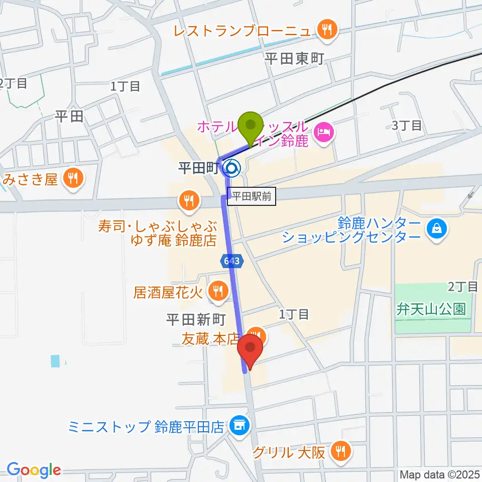 鈴鹿ANSWERの最寄駅平田町駅からの徒歩ルート（約7分）地図