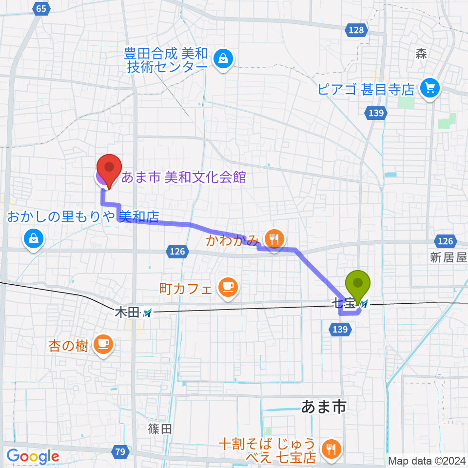 七宝駅からあま市美和文化会館へのルートマップ地図