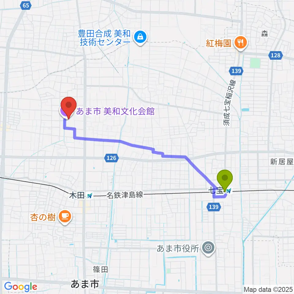 七宝駅からあま市美和文化会館へのルートマップ地図