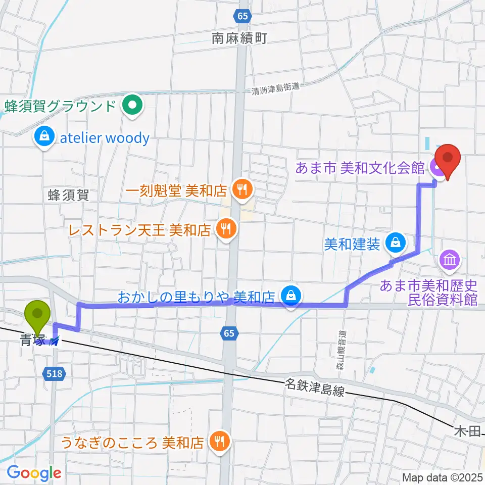 青塚駅からあま市美和文化会館へのルートマップ地図